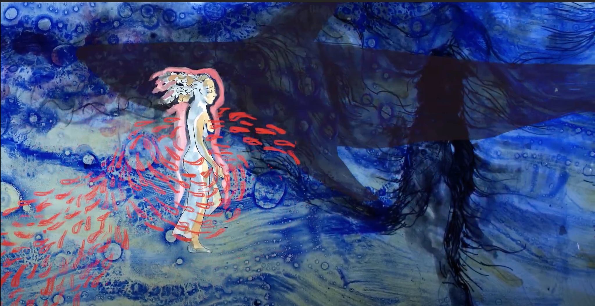 Feito em tinta óleo sobre vidro para trazer fluidez, o clipe de Bel Aurora leva o espectador a momentos de agonia e deslumbramento